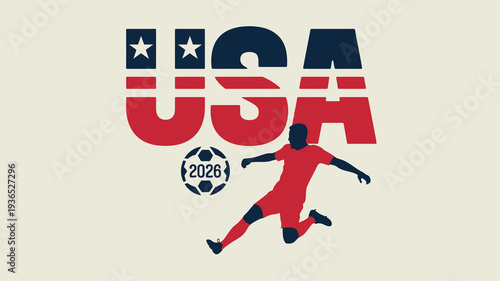 A stylized graphic depicts the letters usa incorporating a soccer player and a soccer ball with the year 2026 high quality professional detailed modern elegant stylish