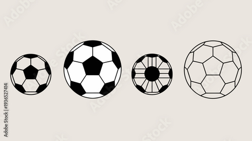 A minimalist arrangement showcases four different circular designs resembling soccer balls varying in detail and panel structure high quality professional detailed modern elegant stylish clean crisp