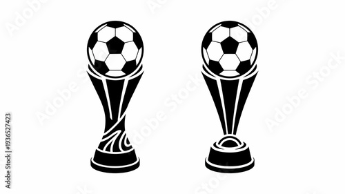 Two black and white depictions of soccer trophies are shown resembling stylized championship cups with pentagonal and hexagonal panels high quality professional detailed modern elegant stylish