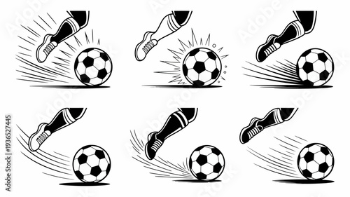 A series of black and white illustrations depict a soccer ball being kicked by a foot in various stages of motion high quality professional detailed modern