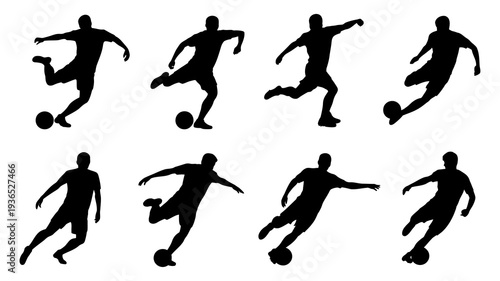 A collection of black silhouettes depicts various dynamic poses of athletes actively engaged in running and kicking sports high quality professional detailed modern elegant stylish clean