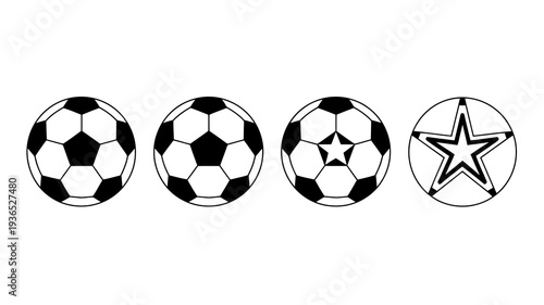 A simple graphic displays three soccer balls in black and white alongside a fourth circular image containing a five pointed star high quality professional detailed modern