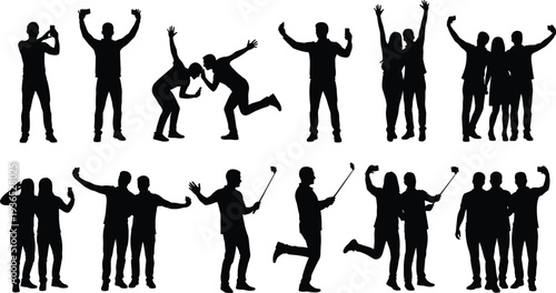 Silhouettes Of People Taking Selfies And Posing With Hands Raised On White Background group friends