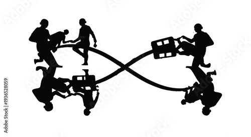 Silhouettes of people in motion connected by an infinity symbol, symbolizing connection and endless possibilities.