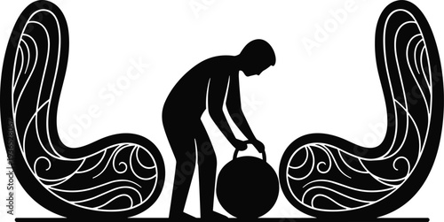 Silhouette of a Person Lifting a Weight Between Two Decorative Chairs vector illustration