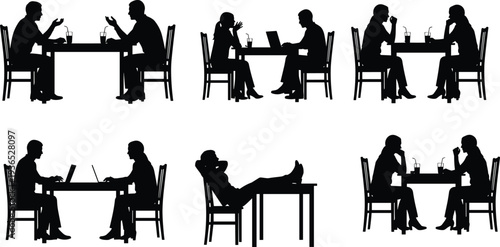 Silhouettes Of People Working And Socializing At Tables On White Background woman couple