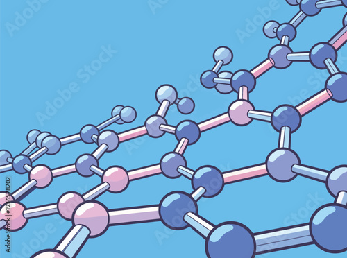 A colorful view shows molecules connected in a pattern against a light blue background. The design highlights their shapes and connections.