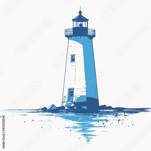 A tall lighthouse stands on a rocky shore with calm water and a clear blue sky. The lighthouse guides boats safely.