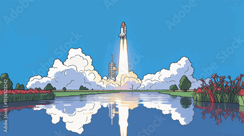 A rocket rises into the blue sky from a launch pad near a lake. The reflection in the water shows the clouds and the rocket.