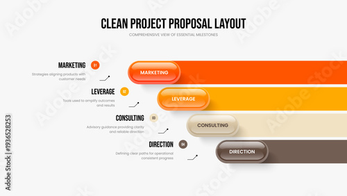 Enterprise Review Frame Template Vector Illustration. Investor Planning 4 Step Diagram Presentation Layout. Creative Showcase Four Element Infographic Slideshow Design.