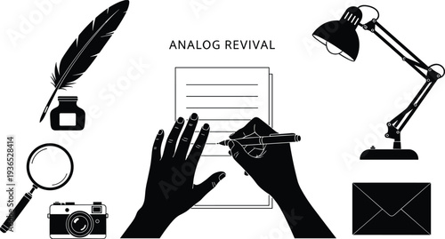 Vintage Writing and Creative Tools Silhouette Collection on White Background quill inkwell