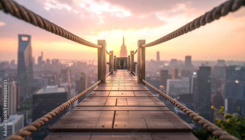 Obraz premium Elevated wood walkway framed by thick rope over city towers at sunset with a tall spire far off in the distance