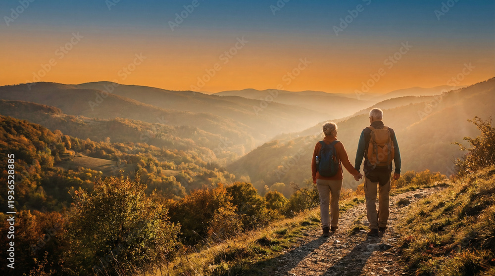 Obraz premium Wide shot of an active healthy senior couple hiking on a beautiful mountain trail during golden hour