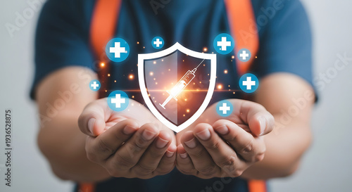 A person protecting health and safety with a shield and vaccine