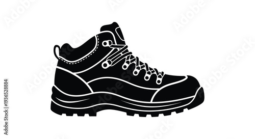 A striking black silhouette of a hiking boot on a white background