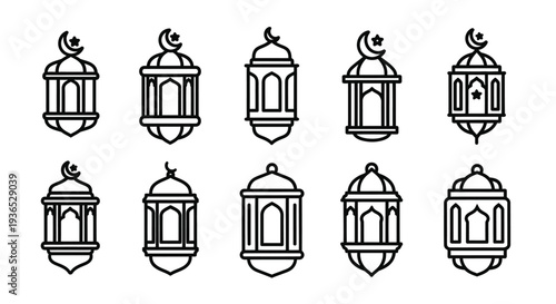 Variety of islamic lantern designs presented in a black silhouette