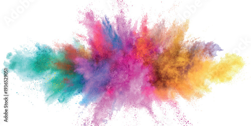 Vibrant multi colored powder explosion against white background