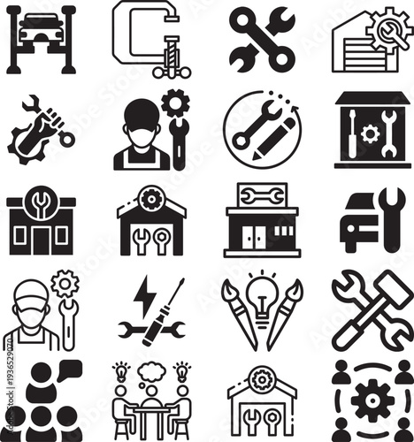 Car repair and mechanic service icons set, garage tools and workshop vector symbols.