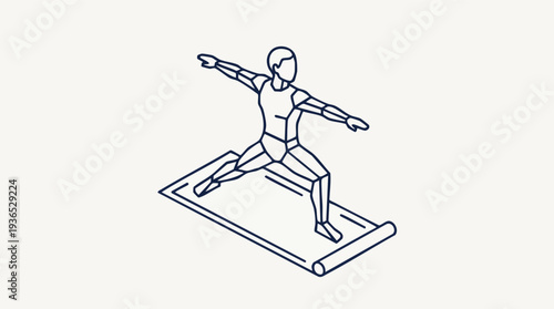 Minimalist line art illustration of a person practicing yoga warrior pose on a mat, isometric view