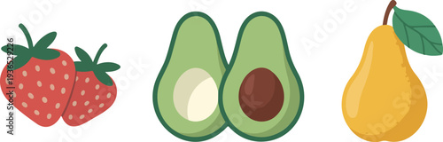 Fresh fruit illustration set featuring strawberries, avocados, and pears with cute hand-drawn style for healthy organic food concepts