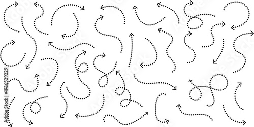Dotted line arrows set directed down up right and turn wavy pointers signs on white background. Collection of curved dashed thin vector hand drawn arrows.