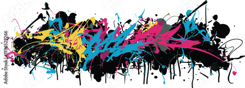 Abstract paint splatters in black cyan magenta and yellow