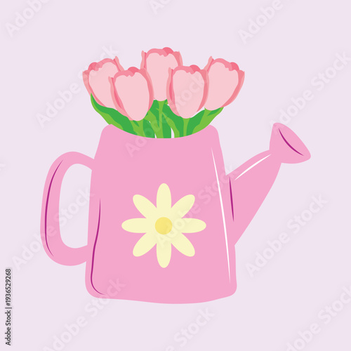 
a watering can with a bouquet of tulips