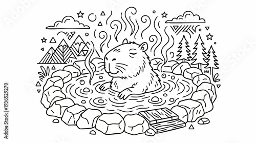 Cute capybara relaxing in a hot spring surrounded by nature, mountains, and trees, line art illustration