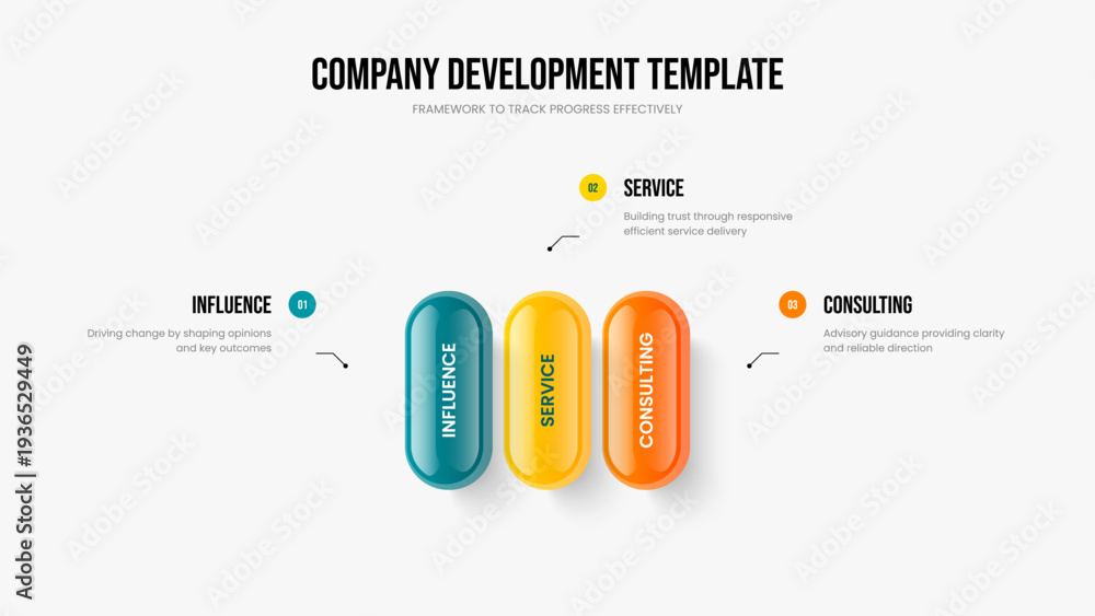 Fototapeta premium Creative Launch Presentation Design Vector Illustration. Consulting Introduction 3 Step Infographic Frame Template. Enterprise Growth Three Element Diagram Slideshow Layout.