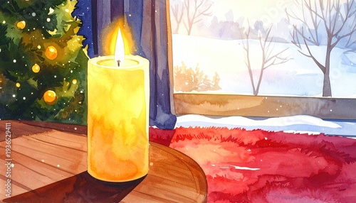 Cozy watercolor scene. A lit candle on a table with a snowy view and Christmas tree