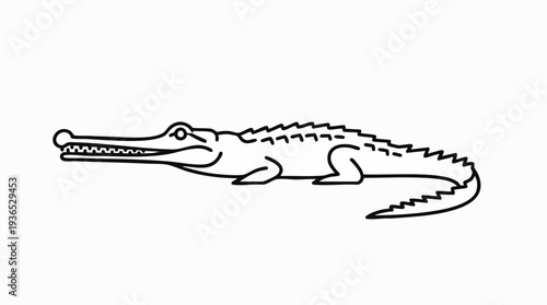 Minimalist black line art illustration of a stylized crocodile or alligator, a simple outline icon representing a powerful reptile.