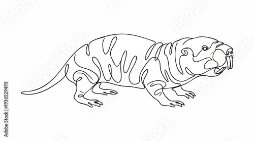 Minimalist continuous line art drawing of a naked mole-rat, a unique rodent known for its unusual appearance, isolated on a white background.