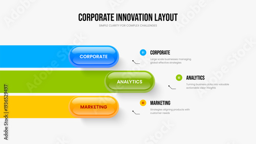 Modern Showcase Presentation Template Vector Illustration. Company Overview 3 Element Diagram Slide Design. Advertising Innovation Three Step Infographic Slideshow Layout.