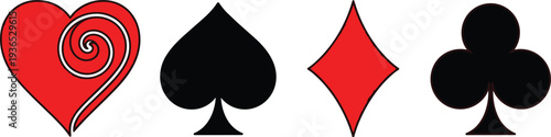Playing card suit symbols set isolated on white background, red heart and diamond with black spade and club icons, classic casino card design elements.