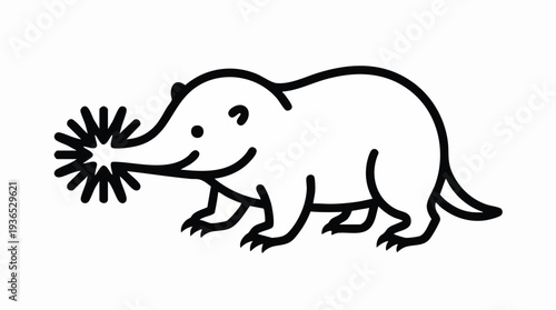 Minimalist cartoon mole icon with a shining starburst from its snout, a charming black and white line drawing for branding and digital projects.