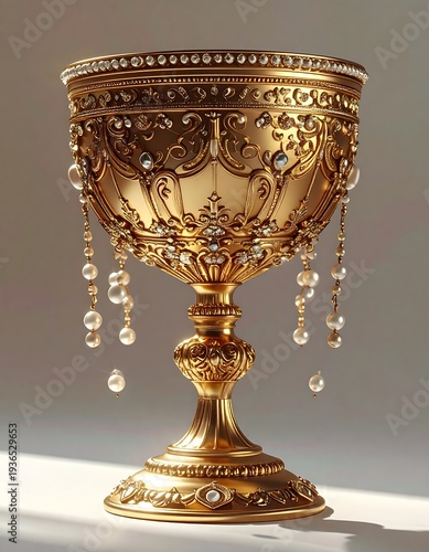 A luxurious ornate gold goblet with hanging pearls on a pedestal