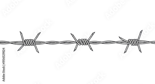 Barbed wire fence detail, sharp metal spikes, isolated on white background, security concept