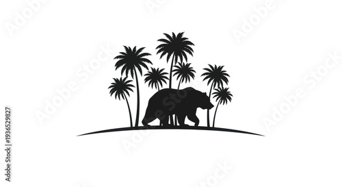 Silhouette Bear Walking Among Palm Trees on White Background
