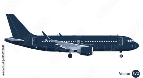 Dark Blue Commercial Airplane Isolated on White Background, Vector Illustration