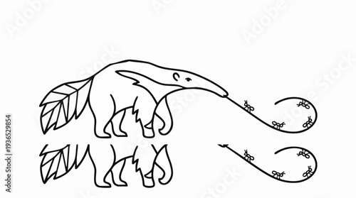 Minimalist black and white line art illustration of a giant anteater with its long tongue extended, eating ants, with a stylized reflection.