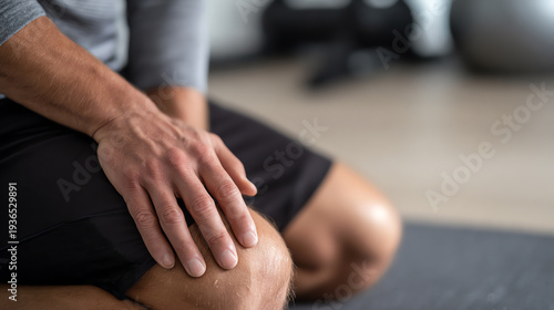 A close-up of a man's hand resting on his knee during exercise, highlighting fitness and physical activity.