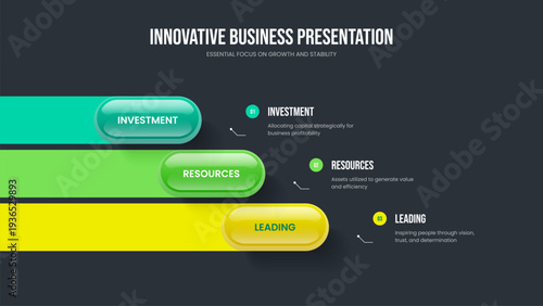 Marketing Proposal 3 Element Diagram Slide Template. Service Review Three Option Infographic Frame Layout. Investor Development Slideshow Design Vector Illustration.