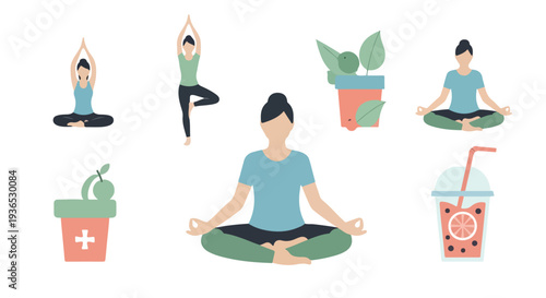 Flat vector illustration of wellness concept icons like yoga, meditation, and smoothie, gentle color scheme, white background.