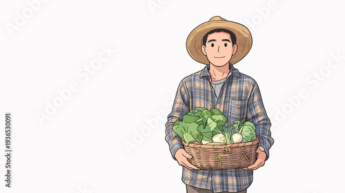 A farmer stands with a basket filled with green vegetables. The farmer is in a garden during the day, smiling proudly.