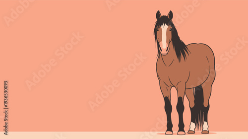 A brown horse stands still on a flat surface with an orange background. The horse is facing forward, looking at the viewer.