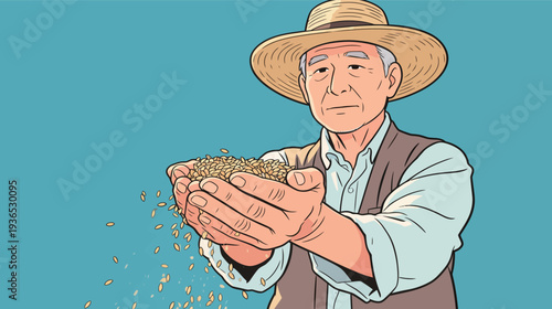 A farmer stands with grains in his hands against a bright blue background. He demonstrates the importance of harvest and farming practices.