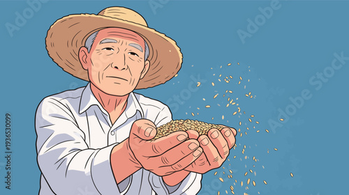 A man shares grains from his hands, symbolizing the harvest season in a rural setting under a clear blue sky.