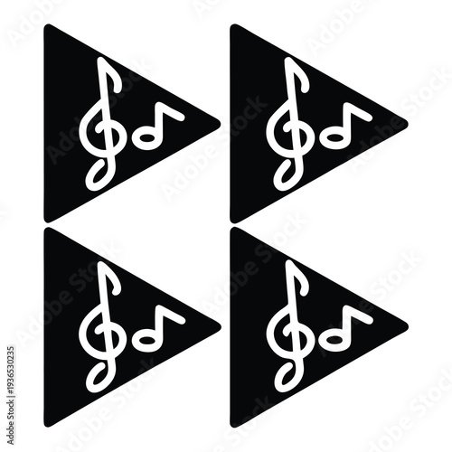 Four black triangles with white musical notes