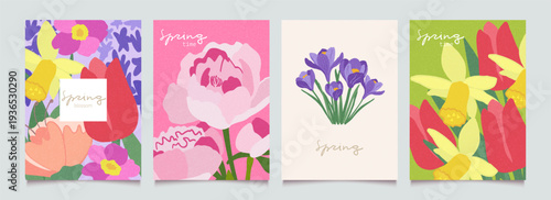 Spring flowers art. Floral cute set of plant. Hand drawn vintage background template set with botanical motifs. Flat vector illustration.