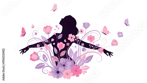 Woman surrounded by flowers and butterflies in full bloom